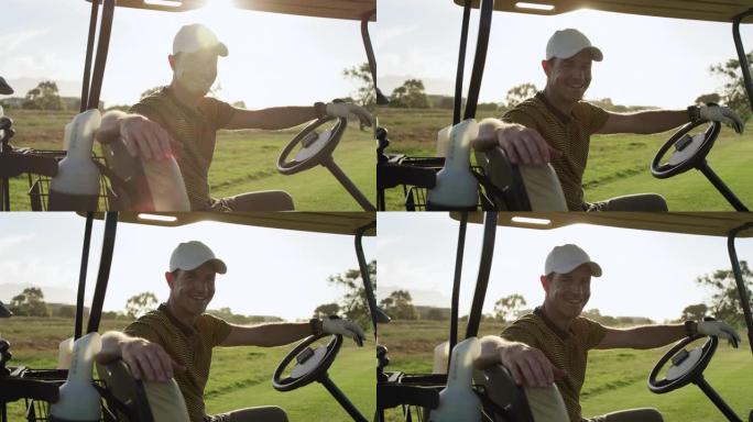高加索男性高尔夫球手进入高尔夫球车