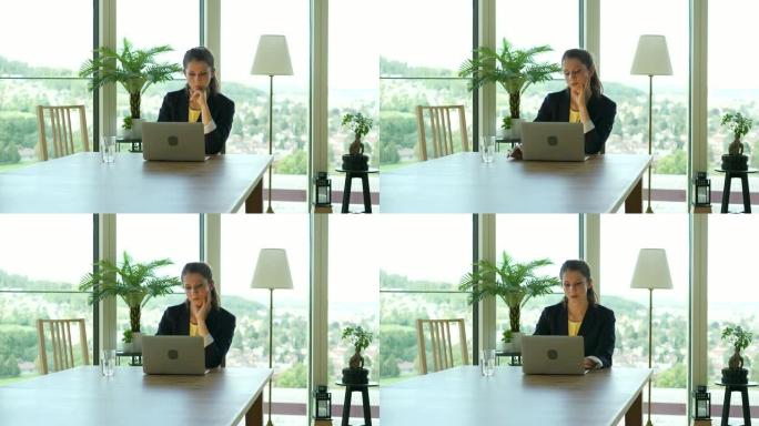 在美丽的办公大楼工作的女商人