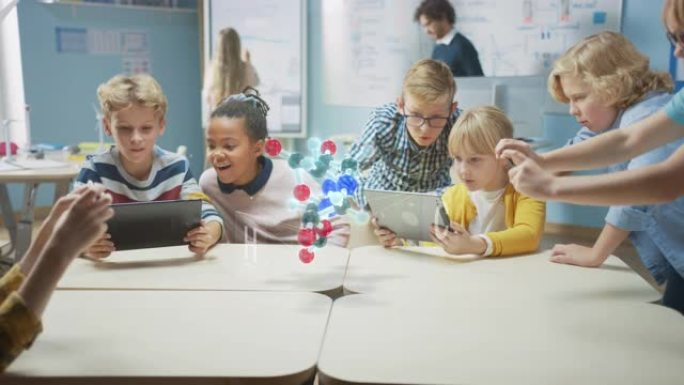 化学科学课上的一群学童使用带有增强现实应用程序的数字平板电脑，看着分子的教育3D动画。视觉特效，特效
