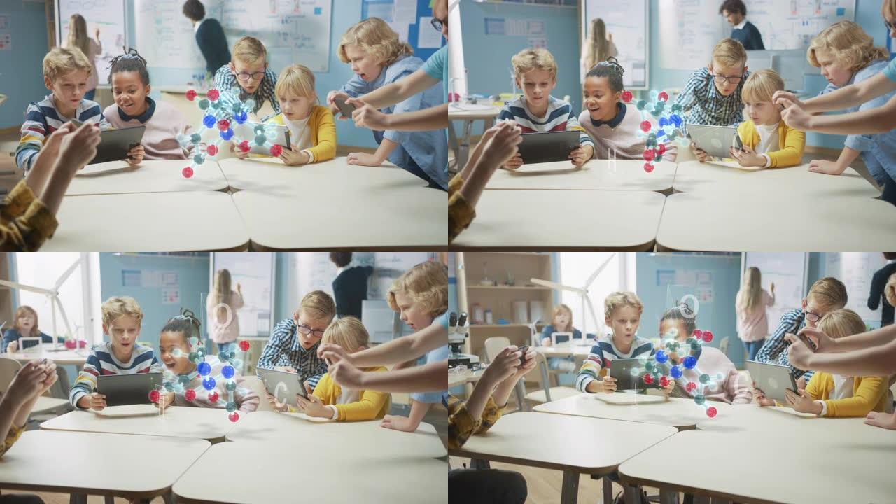 化学科学课上的一群学童使用带有增强现实应用程序的数字平板电脑，看着分子的教育3D动画。视觉特效，特效