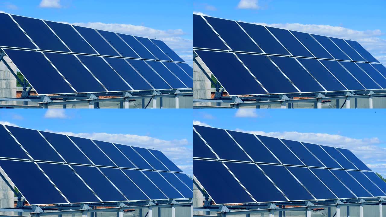 屋顶上的太阳能设备，特写。