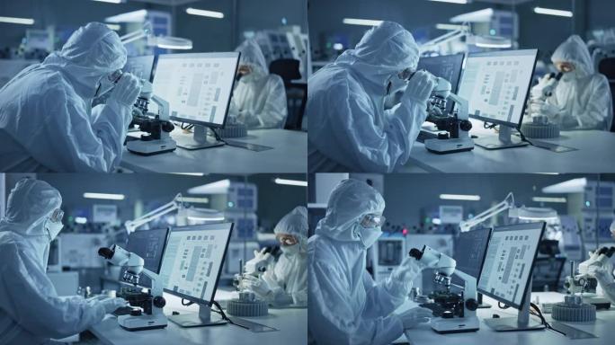 研究工厂洁净室: 工作服的工程师和科学家团队在计算机上工作，使用显微镜检查主板微处理器，开发医疗电子