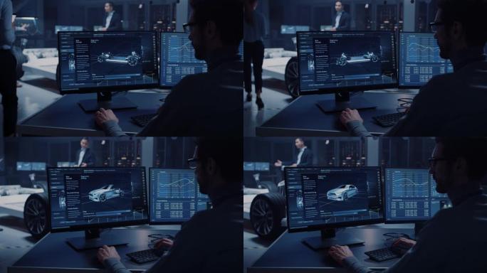 专业工程师使用3D cad软件在计算机上工作，并在高科技开发实验室中测试带有车轮，电池和发动机的电动