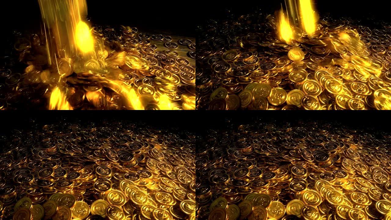 大量发光的金币洒在桌子上