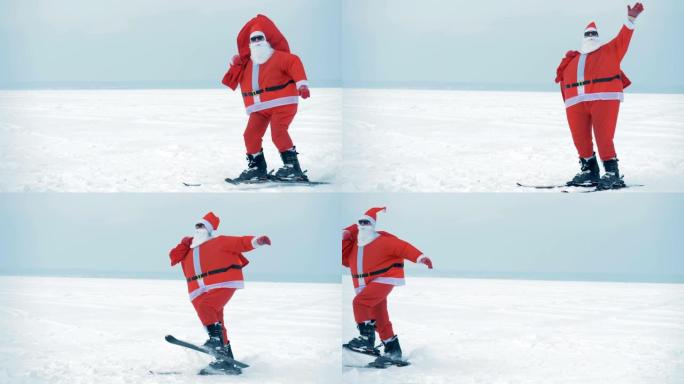 雪域地带，圣诞老人在滑雪板上行走，挥舞着双手