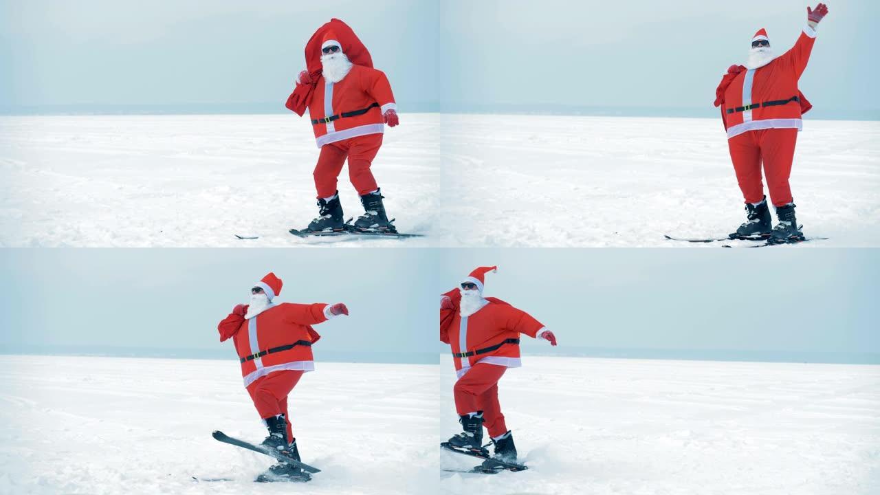 雪域地带，圣诞老人在滑雪板上行走，挥舞着双手