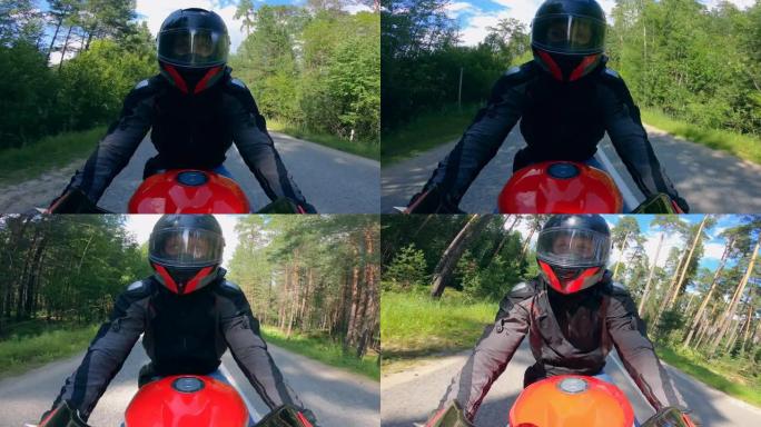 戴头盔的人骑摩托车，开得很快。