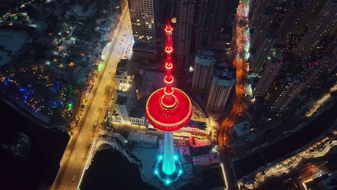 辽宁沈阳彩电塔青年大街夜景航拍城市