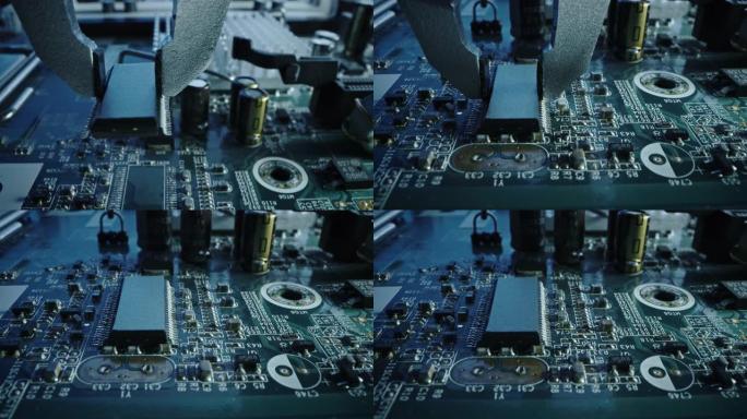 工厂机器在工作: 印刷电路板与机械臂组装在一起，表面安装技术连接微芯片，CPU处理器到主板。聚焦宏观