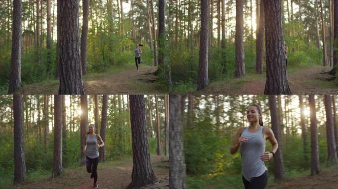 开朗的运动女人早上在森林里跑步