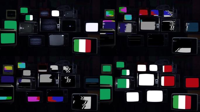 屏幕上堆放着意大利国旗的复古电视。
