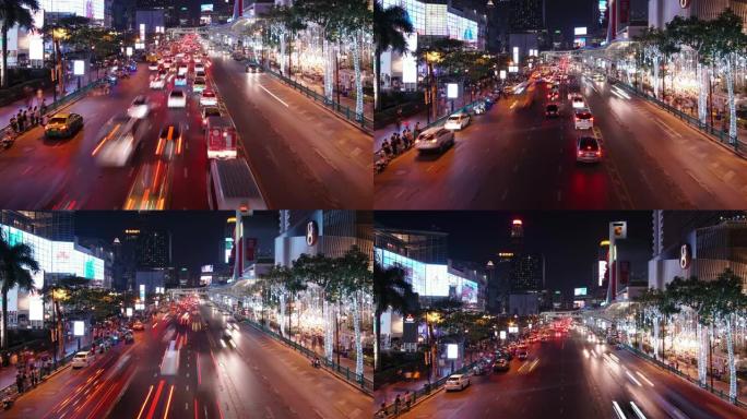 延时和倾斜: 曼谷夜间交通路灯。