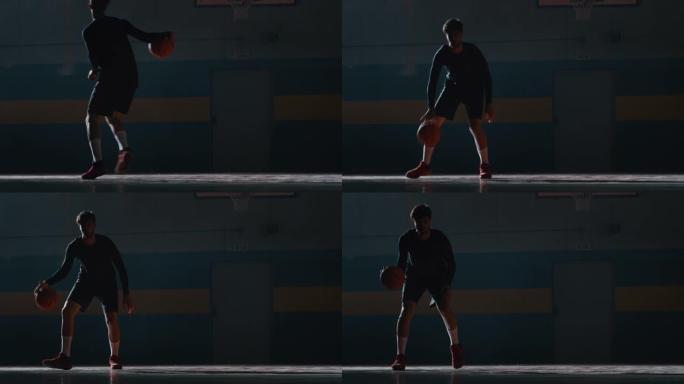 一名年轻职业男球员的电影慢动作镜头正在健身房练习篮球运动
