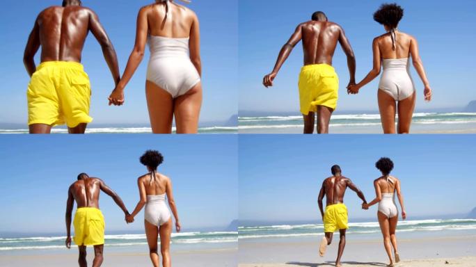 浪漫情侣在海滩4k手拉手奔跑