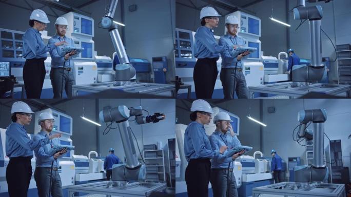 工厂车间: 专业女工程师，男机械操作员使用工业数字平板电脑工作，为生产线编程机械臂。带数控机床的高科