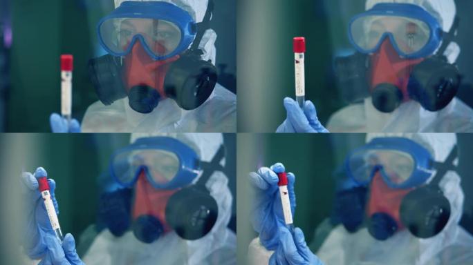 研究人员观察了装有疫苗的试管进行新型冠状病毒肺炎。冠状病毒，新型冠状病毒肺炎，2019-ncov药物