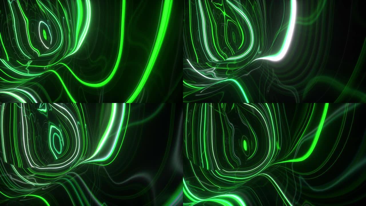3d渲染，抽象地形动画背景，荧光紫外线，发光霓虹灯线，移动内部，绿色光谱，现代彩色照明