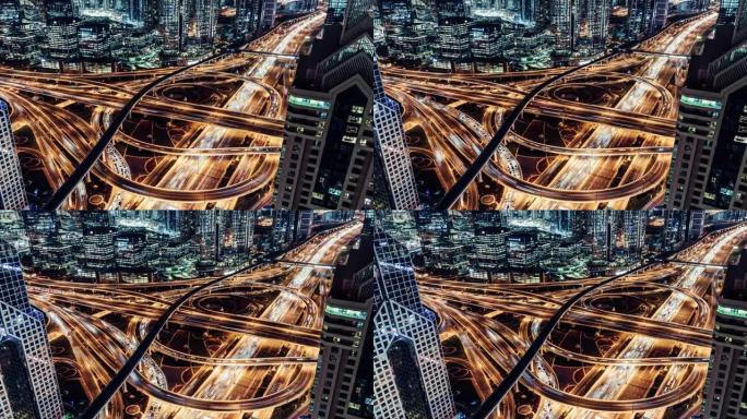 阿联酋迪拜夜间地铁和城市交通的T/L PAN鸟瞰图