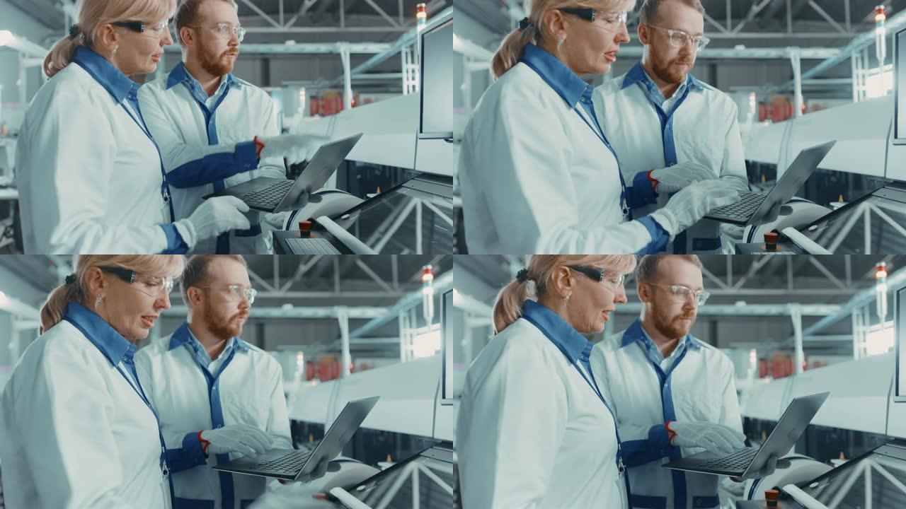在高科技工厂中，男女工程师交谈并使用计算机进行编程，并通过线将电子机械用于印刷电路板表面安装组装。
