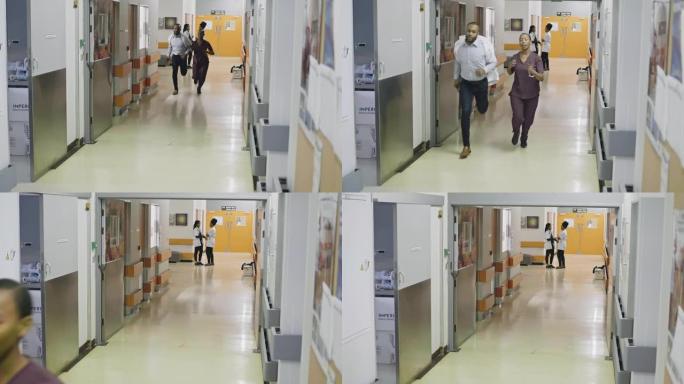 在医院为紧急情况奔跑的医护人员的慢动作视频