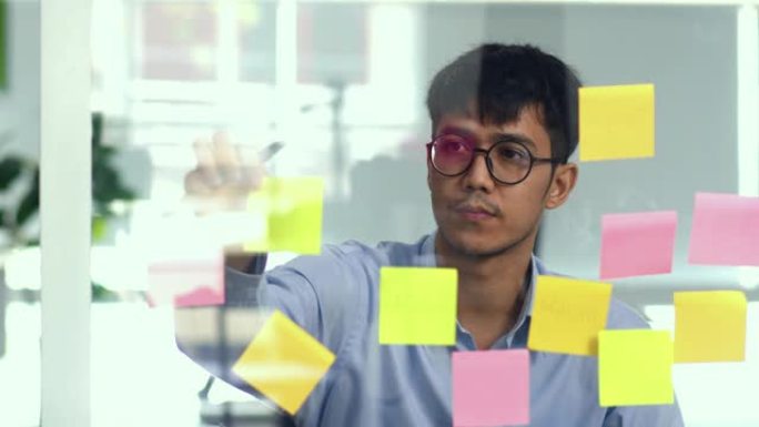 亚洲创意人在玻璃板上贴一张便签。年轻的专业商务男性写信息，策略，纸上提醒，业务情况，阁楼办公概念的启