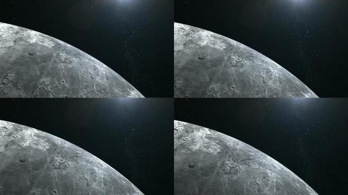 月亮。飞越月球表面。地平线向左转。从太空看。星星闪烁。4K.太阳在右边
