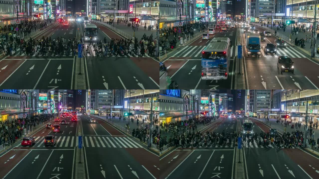 在日本新宿东京市，夜间，人群不确定的人在街上与汽车交通交叉路口行走的4k时间流逝。日本文化与购物霓虹