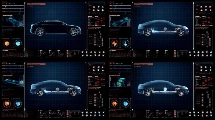 数字未来派显示界面中的充电电子，混合动力，锂离子电池回声汽车。侧视图，环保未来汽车。4k电影2。