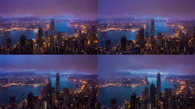 香港摩天大楼和城市景观在夜间的超级坍塌