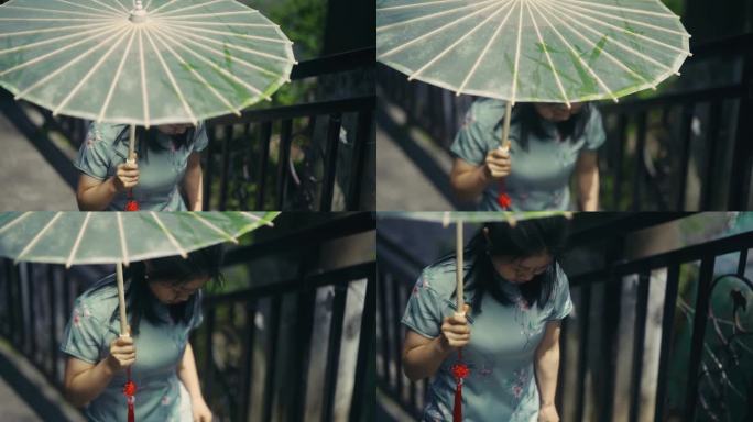 旗袍文化唯美女生小巷行走美女撑着油纸伞
