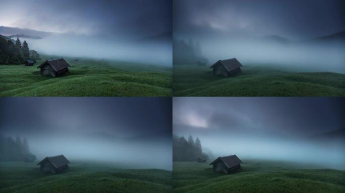 时间流逝: 欧洲阿尔卑斯山机舱周围的神秘雾