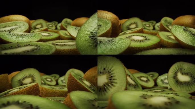 猕猴桃在木凳上的超宏幻灯片拍摄，慢动作。