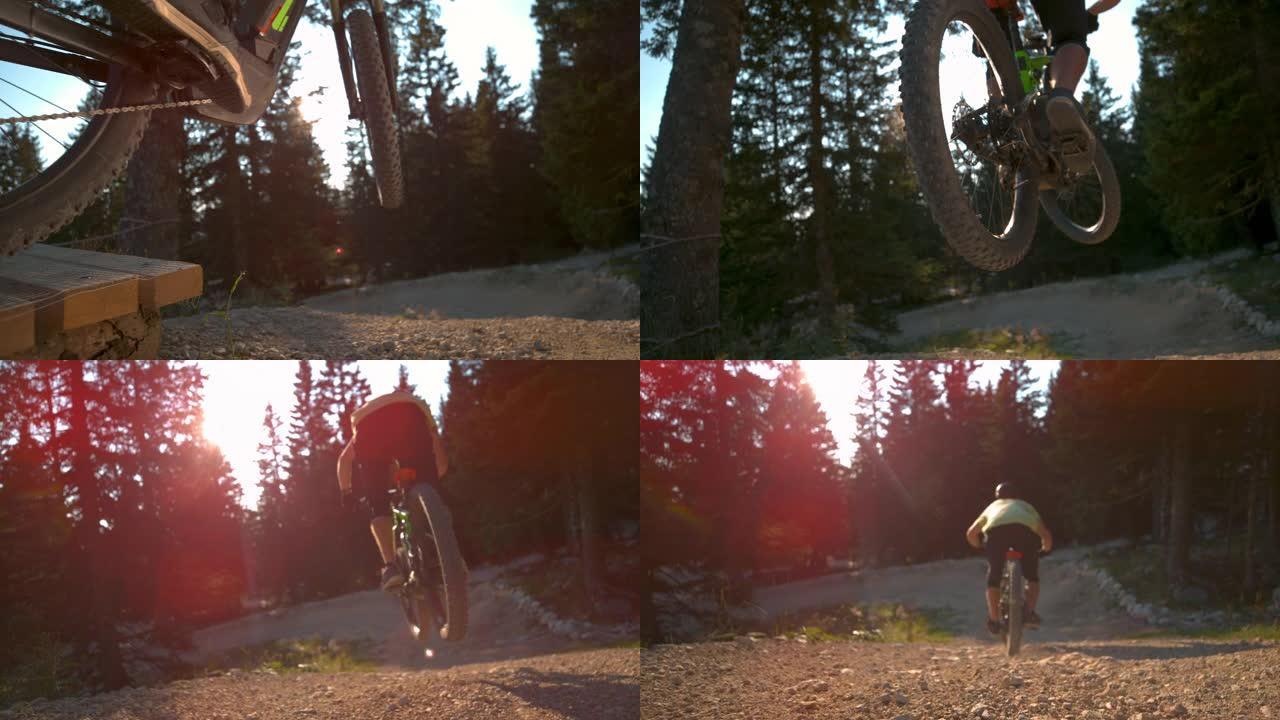 慢动作: 山地车手跳下木制踢脚的电影镜头。