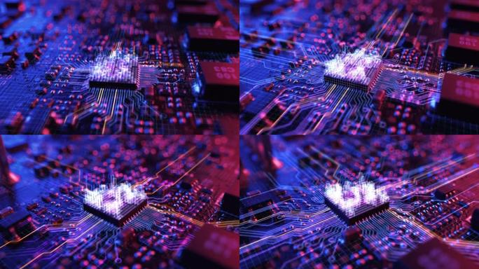 霓虹灯主题可视化电路板CPU处理器启动数字化过程和信息计算，处理数据的位。计算机图形学、特殊视觉效果