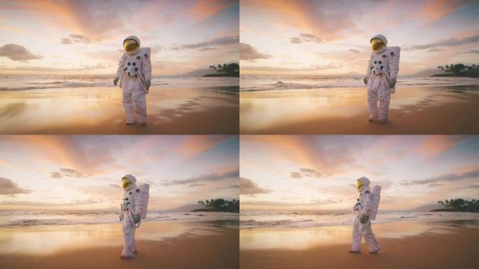 赤脚海滩宇航员身穿太空服海潮沙滩漫步