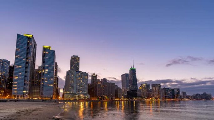 日夜延时: 芝加哥城市景观办公室天际线摩天大楼密歇根湖