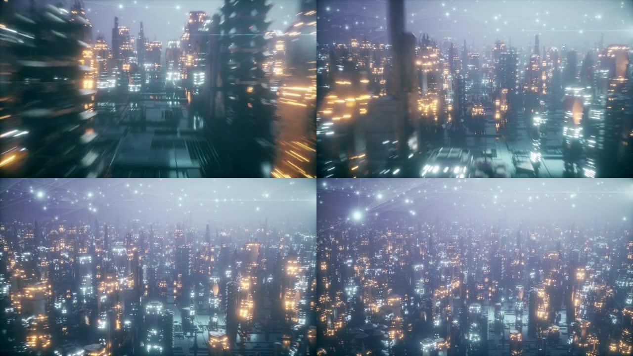 雾中夜晚的未来城市