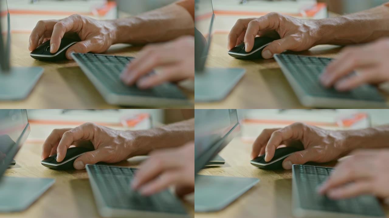 用鼠标和键盘在木桌上近距离拍摄人的手，人开发手机软件的用户界面。软件设计的模拟概念。