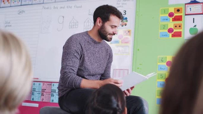 男老师在学校教室里给一群小学生读故事