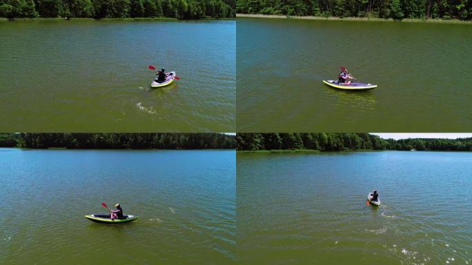 在湖上划独木舟。鸟瞰图