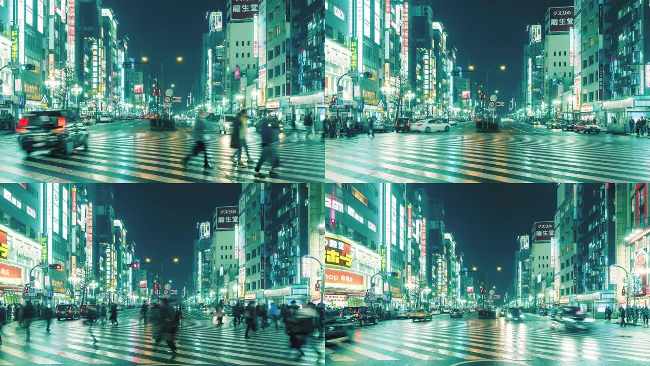 新宿晚上在购物区前穿越，有汽车通行，日本延时
