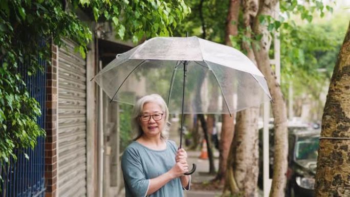 城市雨天带伞的快乐高级妇女