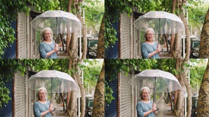 城市雨天带伞的快乐高级妇女
