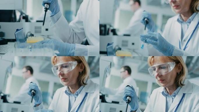 在使用试管时，使用微型移液器将女科学家的手放在手套上的特写镜头。创新药物实验室的人研究遗传学和药剂学