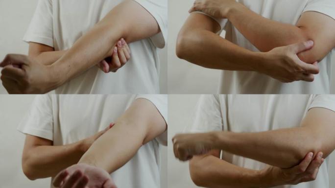 穿着白衬衫的亚洲男人感到肘部疼痛。肌肉疼痛，保健概念。