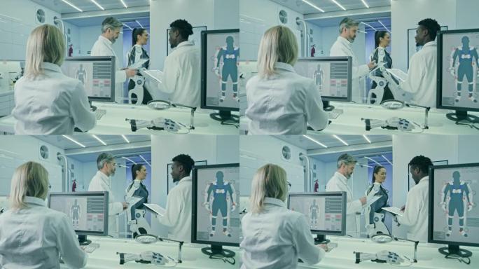 在实验室穿着和测试exo套装的妇女。