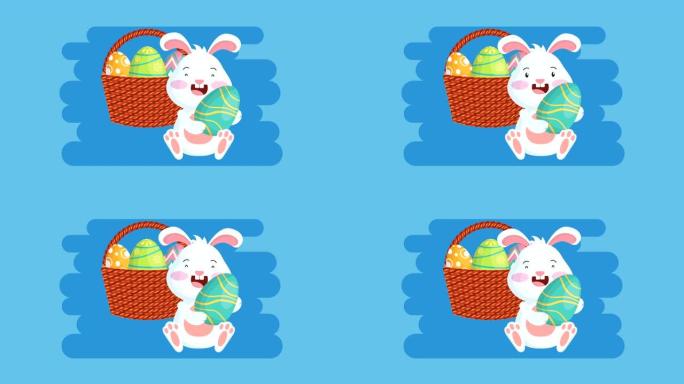 复活节快乐动画卡片，篮子里画兔子和鸡蛋