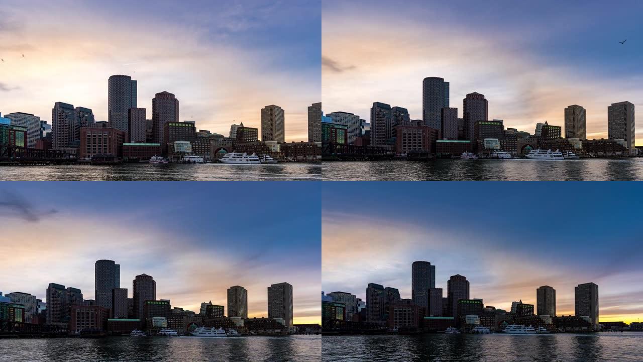 延时: 波士顿城市景观天际线建筑，波士顿湾从美国马的风扇码头公园日落黄昏