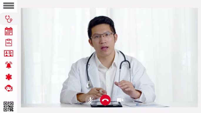 与亚洲医生或心理心理学家在视频通话会议上的远程医疗应用接口。屏幕电脑笔记本电脑上的顾问虚拟视频。远程