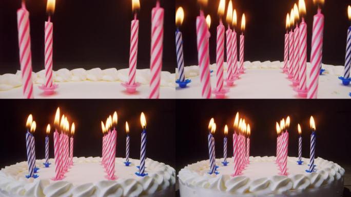 超级幻灯片在生日蛋糕的蜡烛和一个关掉蜡烛的人之间拍摄。